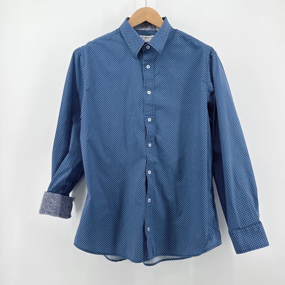 Nick Graham Everywhere Men's Blue Geometric Print‎ Stretch Modern Fit Shirt XL - Picture 4 of 8